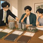 小唐與買方在桌上比較三間房屋的價格、條件與疑慮