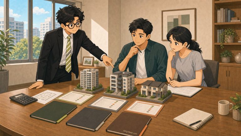 小唐與買方在桌上比較三間房屋的價格、條件與疑慮