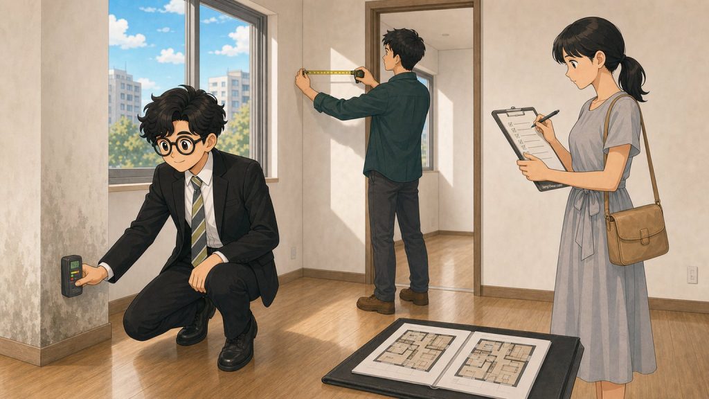 小唐與買方在複看房屋時分別確認牆面、門寬與檢查清單