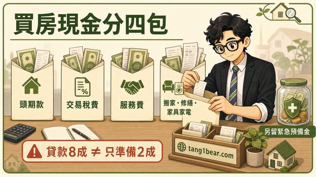 小唐把買房現金分成頭期款、交易稅費、服務費及入住支出並保留緊急預備金