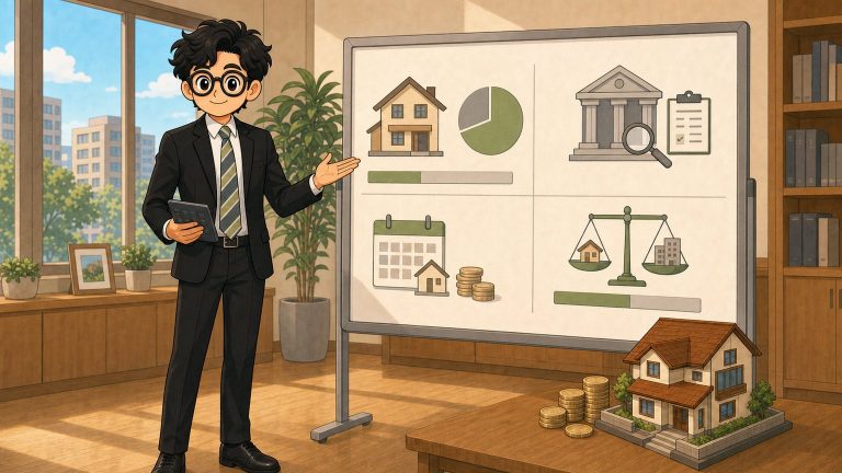 小唐站在預算圖板旁說明自備款、貸款條件與負債比
