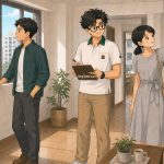穿白色Polo衫的小唐陪買方檢查採光、屋況與室內設備