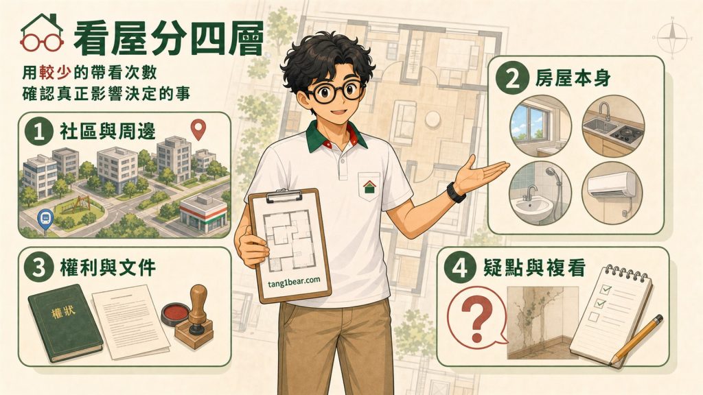 小唐把看屋分成社區周邊、房屋本身、權利文件與疑點複看四層
