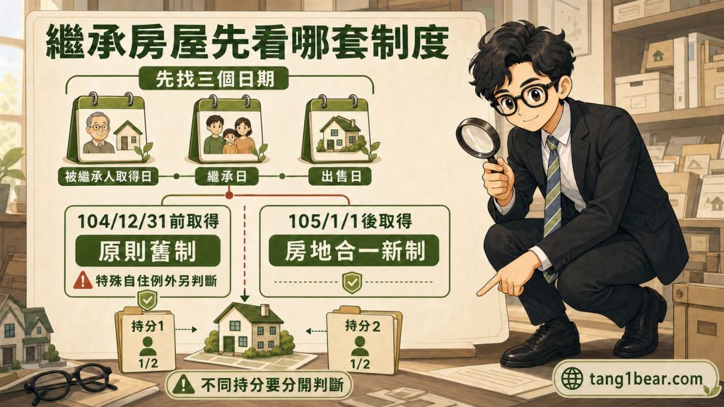 小唐用被繼承人取得日、繼承日及出售日初步判斷繼承房屋適用舊制或房地合一新制