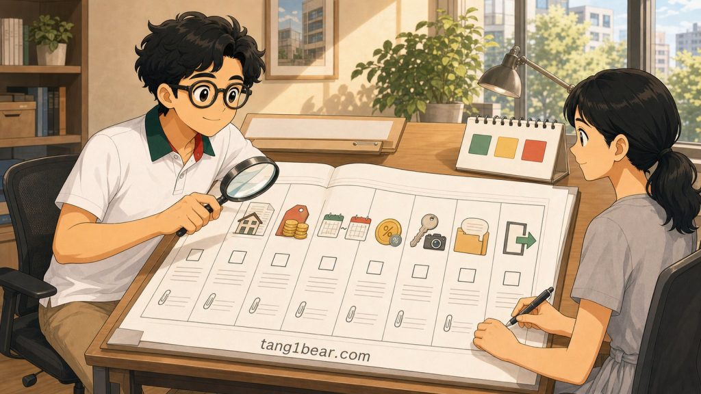 穿白色Polo衫的小唐陪屋主檢查委託標的、價格、期間、服務報酬、授權與終止條款