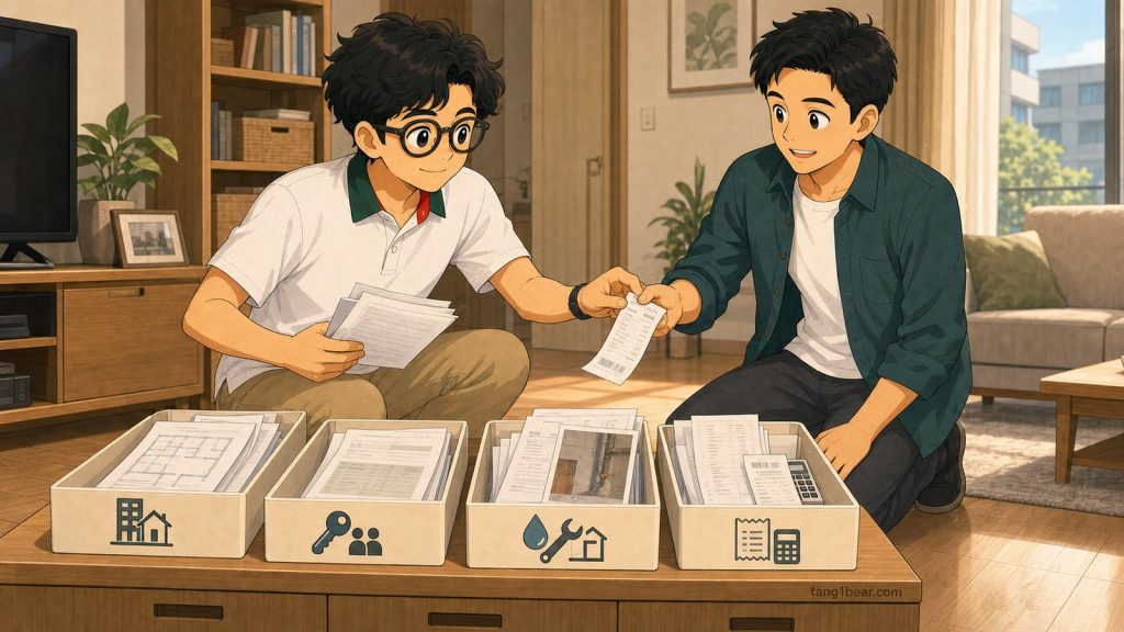穿白色Polo衫的小唐與賣方把產權、使用、屋況及成本資料分成四類