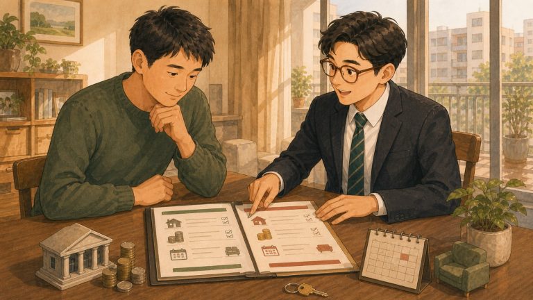 屋主與房仲在桌前比較兩份買方出價的總價、貸款、交屋日期與設備條件