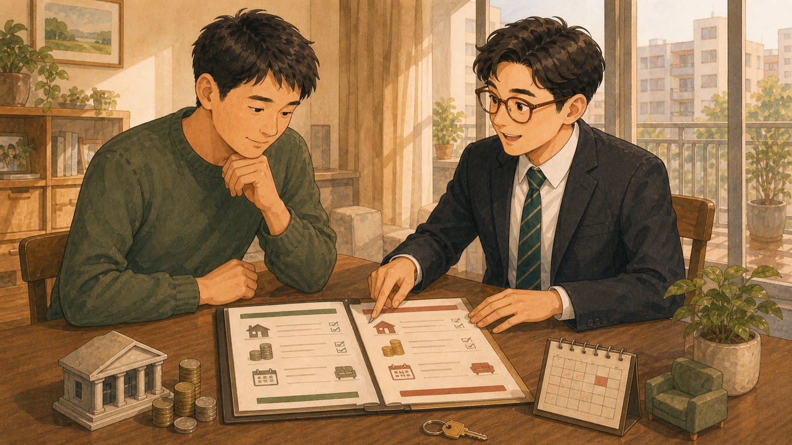 屋主與房仲在桌前比較兩份買方出價的總價、貸款、交屋日期與設備條件