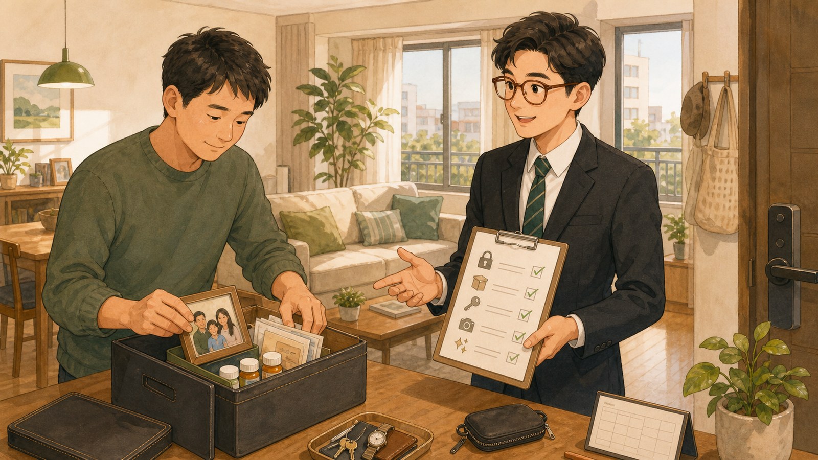 屋主在賣房帶看前收起個資並整理空間，房仲拿著檢查清單協助確認