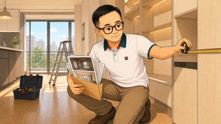 老唐在裝潢現場整理裝修單據與售屋稅可用憑證