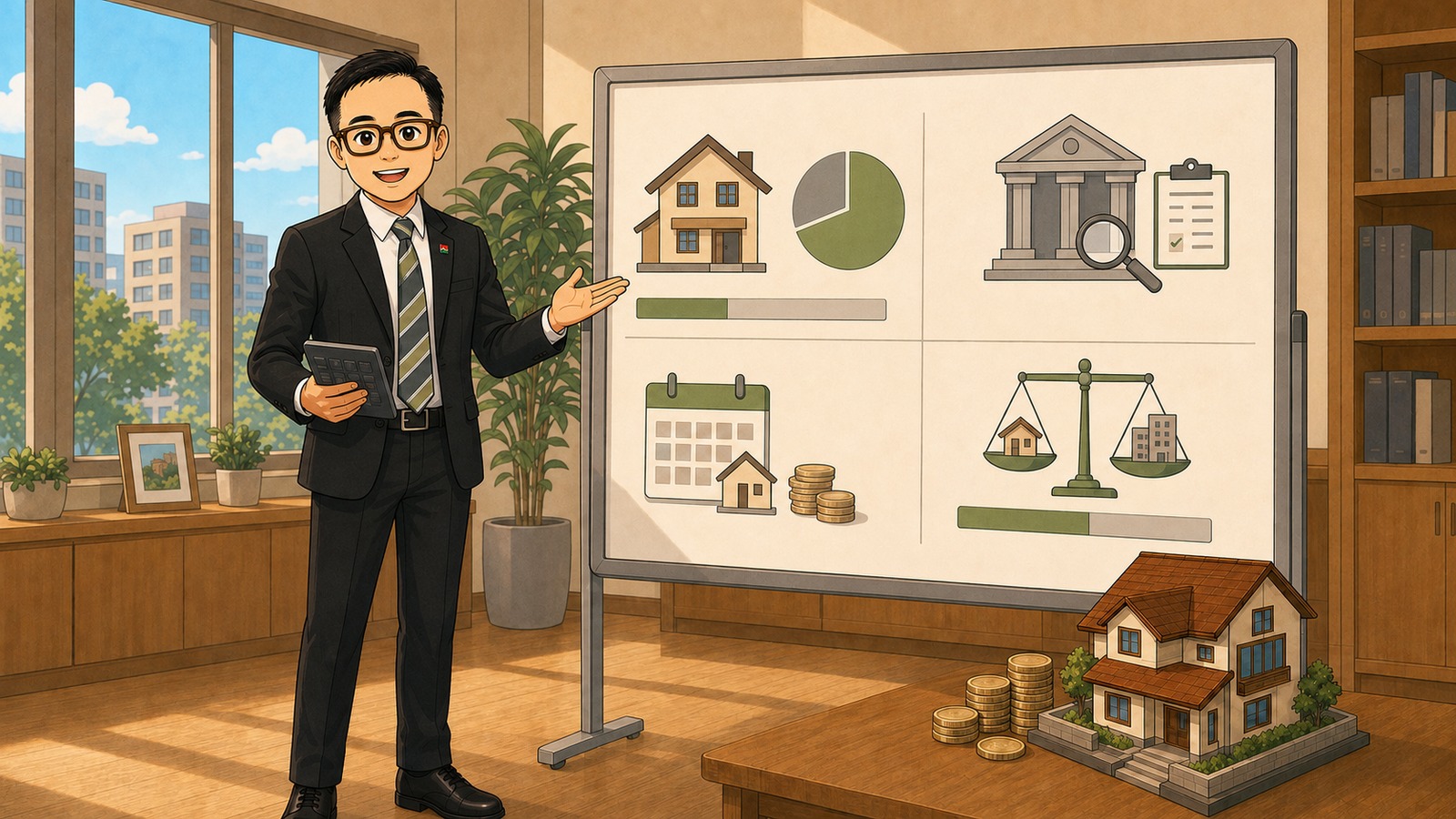 老唐在辦公桌前說明買房預算與貸款條件
