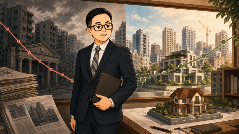 老唐在城市與房市模型前說明金融危機如何影響房地產