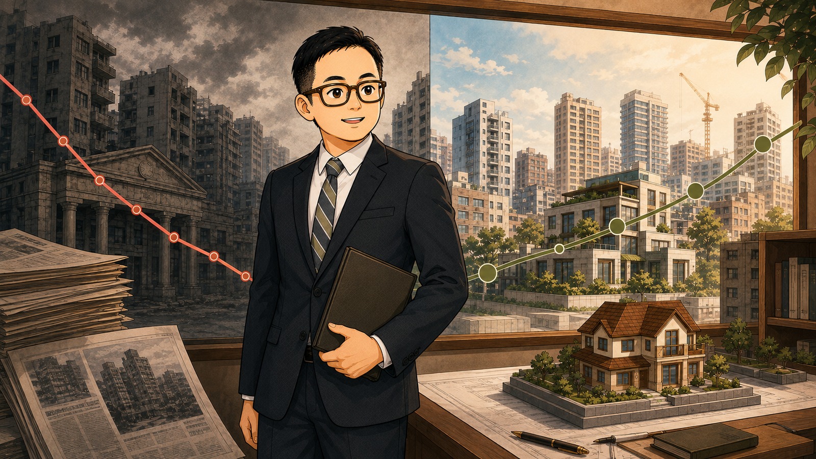 老唐在城市與房市模型前說明金融危機如何影響房地產