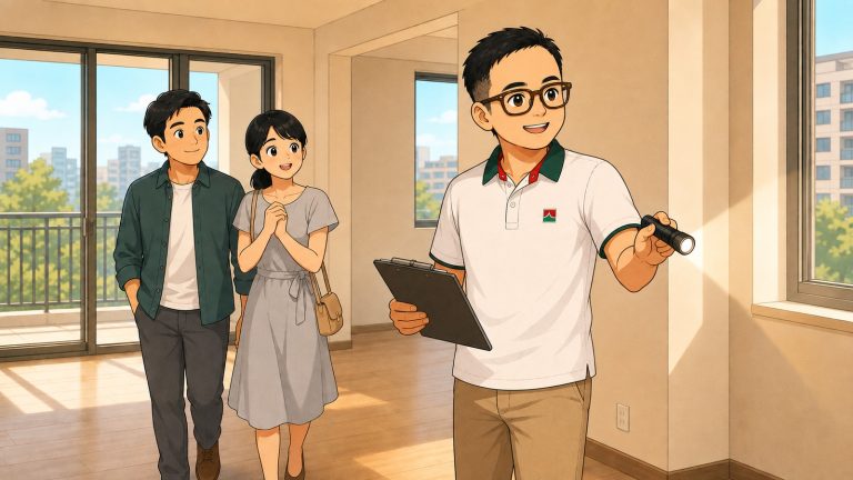 老唐陪買方再次確認喜歡房屋的屋況與出價條件