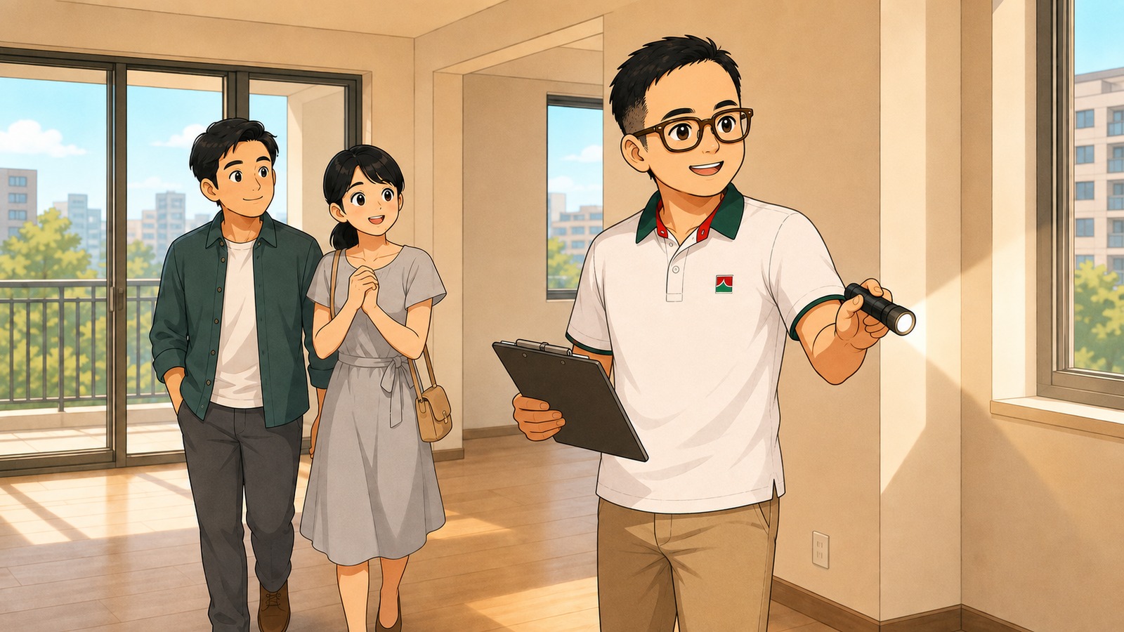 穿白色Polo衫的小唐陪買方確認喜歡的房屋與待查事項