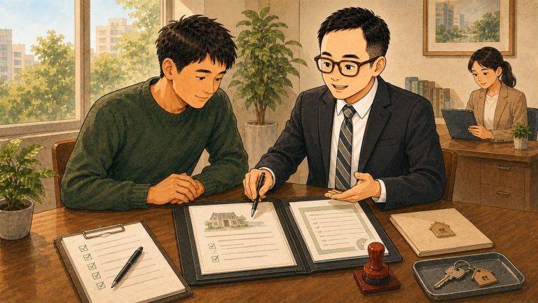 老唐向屋主說明簽約、備證、完稅、清償、過戶與交屋流程